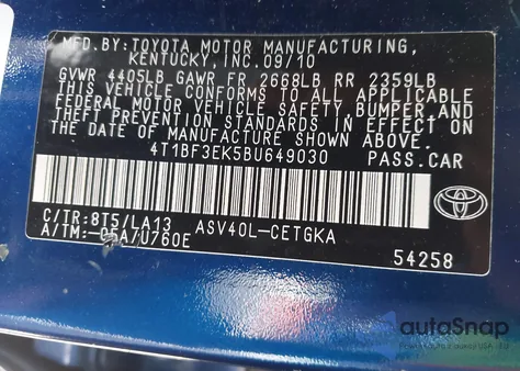 2011 Toyota Camry Xle from USA, damaged, VIN 4T1BF3EK5BU649030
